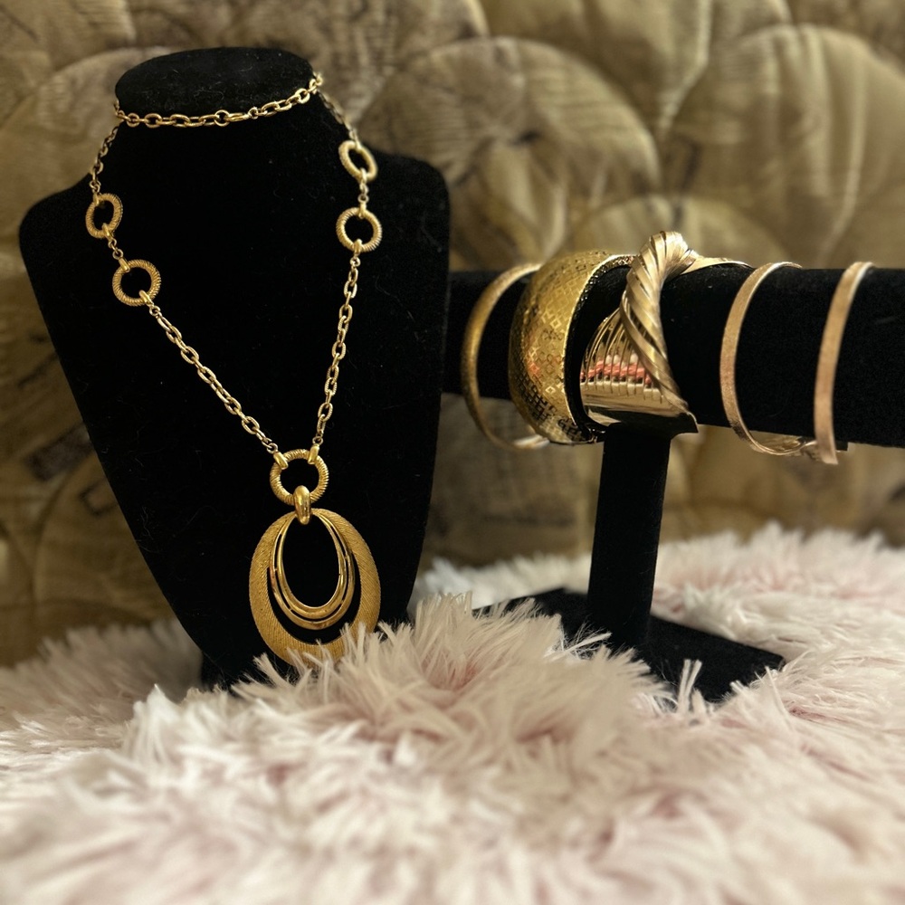 Vintage Crown Trifari Necklace + Bangles/Cuffs Set
